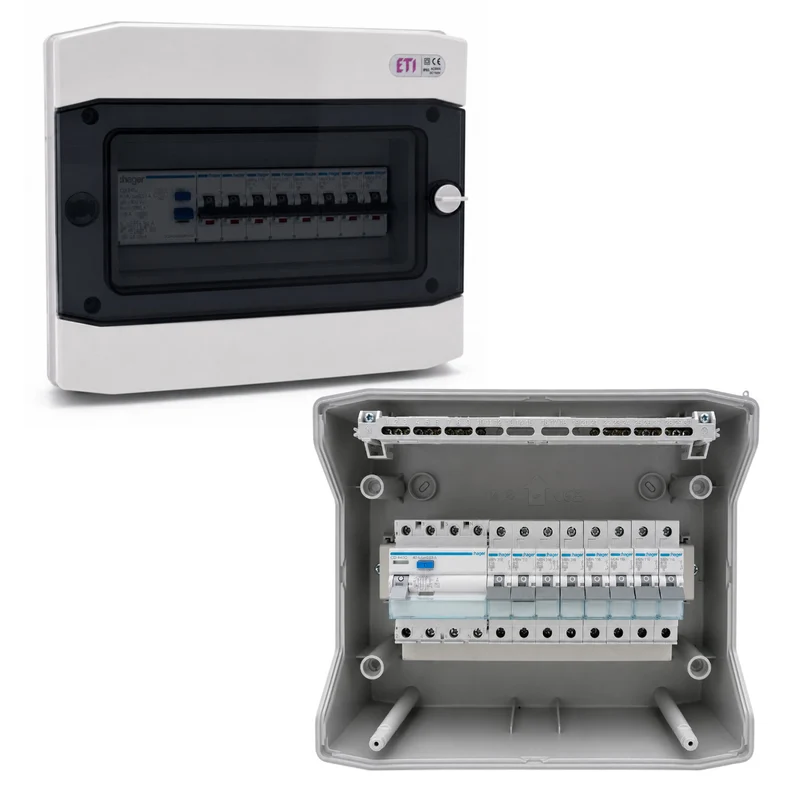 Aufputzverteiler IP65 bestückt - Hager FI + Hager B16 - inkl. Phasenschiene & N/PE-Klemme